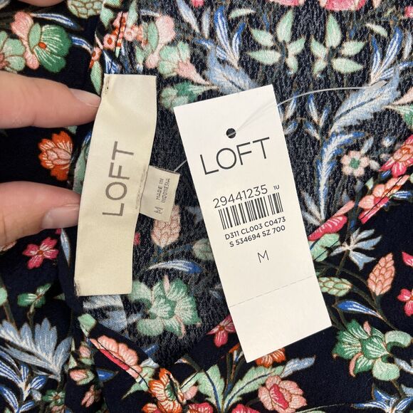 NWT Ann Taylor Loft Navy Flower Print Peasant Top Sz M White Elastic Waistband - Picture 8 of 10